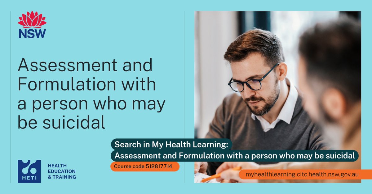A comprehensive assessment and a suicide prevention formulation work together to inform care provision and immediate actions that support safety. Learn more on My Health Learning (course code: 512817714) …healthlearning.citc.health.nsw.gov.au