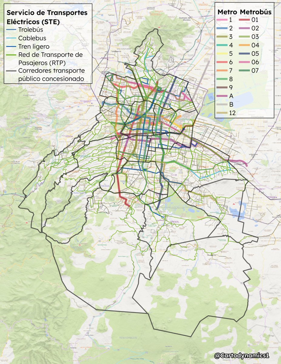 En el #DíaDelTrabajo, he mapeado las principales rutas de transporte en la Ciudad de México. El acceso eficiente al transporte es fundamental para la productividad y el bienestar laboral.#TransportePúblico #QGIS #MovilidadLaboral #CDMX