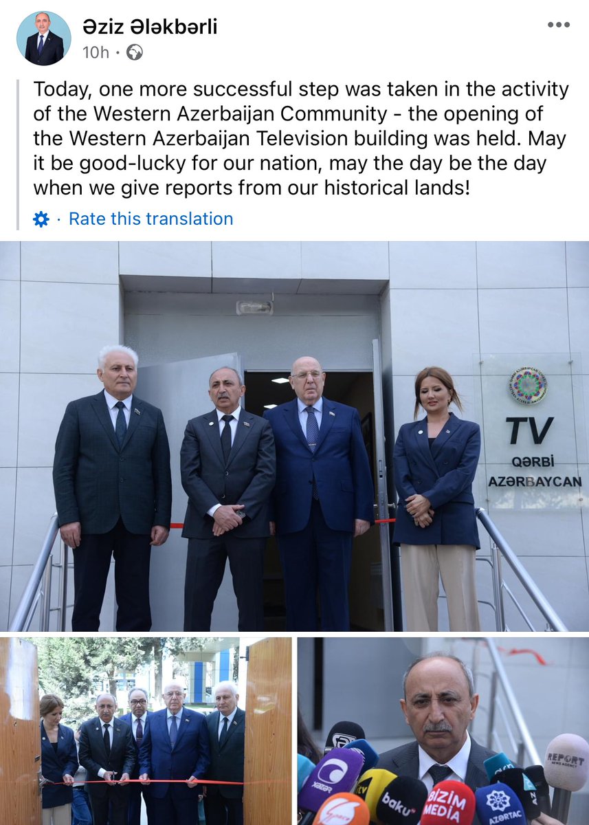 Chairman of the “Western Azerbaijan Community” celebrates the opening of their TV channel, looks forward to one day broadcasting from Western Azerbaijan. Which is Armenia.