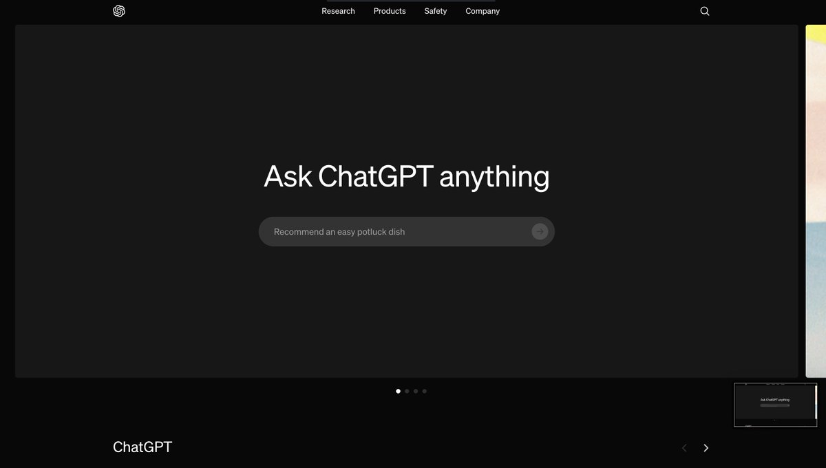 thoughts on @openai's new website (why it was down earlier) openai dot com now greets you with this search bar that launches chatgpt i hate how the next slide (right of screenshot) is slightly showing 🧵