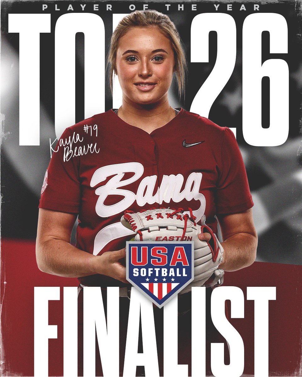 One of 26 finalists for @USASoftball Collegiate Player of the Year!🇺🇸 @kaylabeaverr Full Story📝: bit.ly/3QtuXgd #Team28 #RollTide