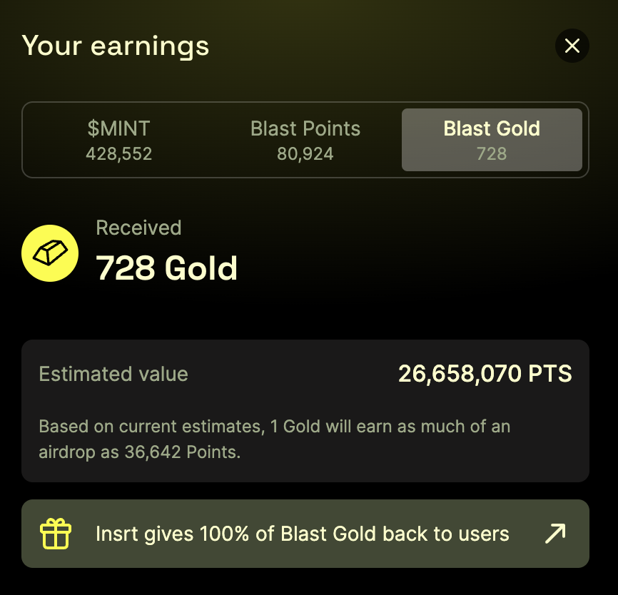 Massive S/O to @insrtapp for the W Blast Gold distribution today. One of the most underrated Dapps on @Blast_L2 imo How much did you get? 🤔