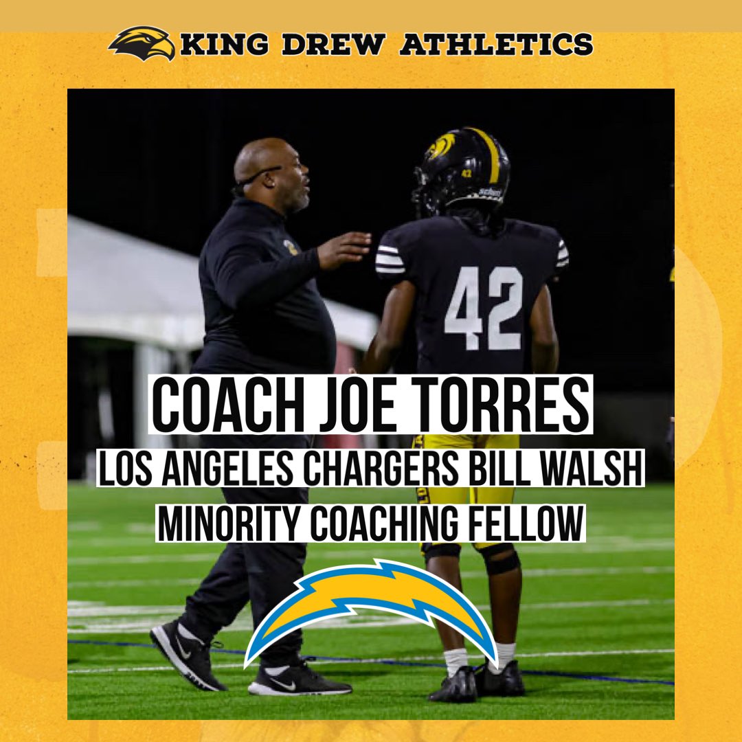 🦅🏈 Congratulations to @CoachJTorres29 on being selected for the Los Angeles Chargers Bill Walsh Minority Coaching Fellowship Program @latsondheimer @Tarek_Fattal @RonMFlores @bylucaevans