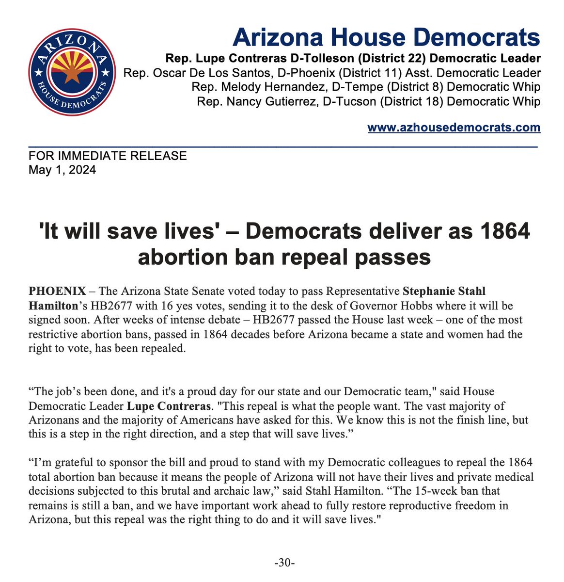 PRESS RELEASE: 'It will save lives' - Democrats deliver as 1864 abortion ban repeal passes #azleg