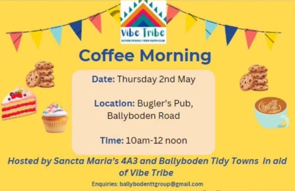 Looking forward to this local #Rathfarnham coffee morning with @BallybodenTT and Sancta Maria College on Thursday in @BuglersDublin ☕️🧁

In aid of Vibe Tribe - a neurodiverse group of teens in Ballyroan 🙌