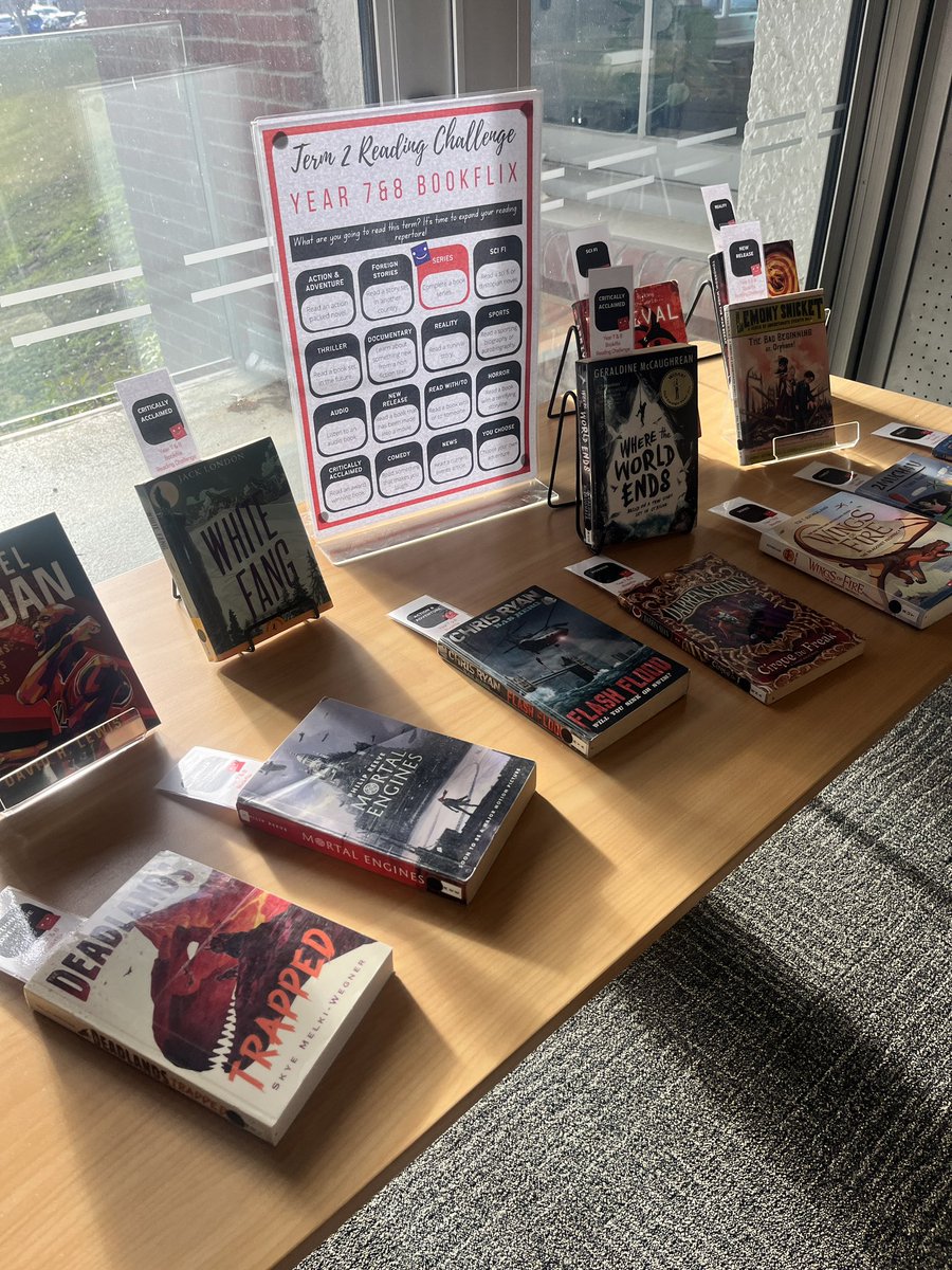 Our yr 7 &amp; 8 students are taking part in a BOOKflix reading challenge in term 2!! Aimed at upping Ss engagement &amp; getting them reading different genres. How cool is display that our amazing librarians set up! The book even have bookmarks that tell Ss what kind of read it is.
