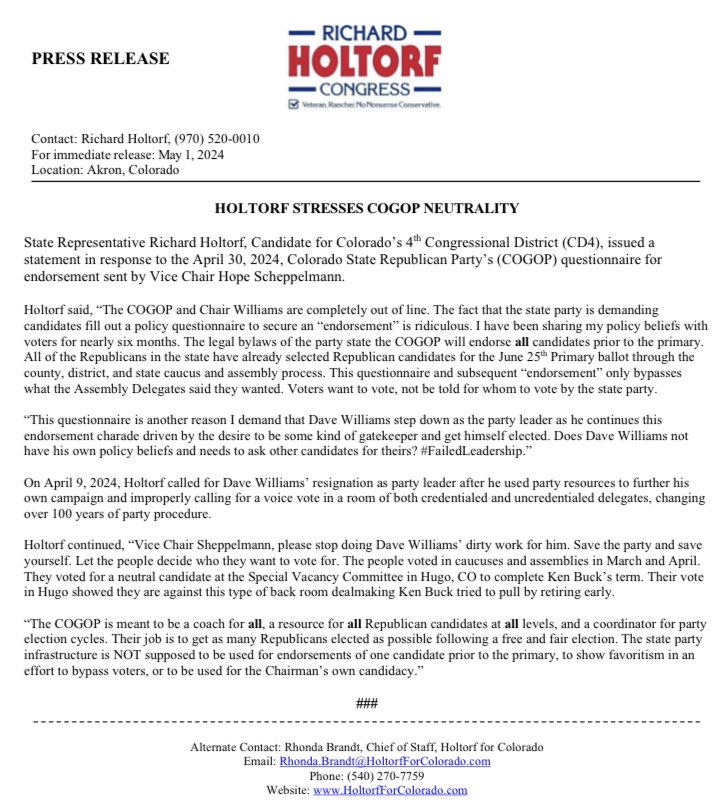 The Colorado GOP is completely out of line and I reiterate my call for the corrupt leadership to step aside #copolitics 

holtorfforcolorado.com/holtorf-stress…