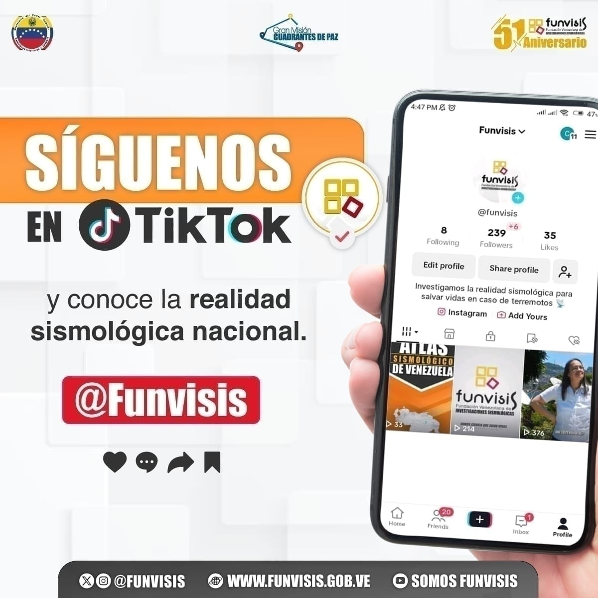 ¡Únete a la sismología nacional! 📡

Síguenos en TikTok como @Funvisis y mantente bien informado sobre la realidad sismológica del país. 

¡Somos ciencia que salva vidas!

#Funvisis #TikTok #Sismos 
#MayoDeTransformación