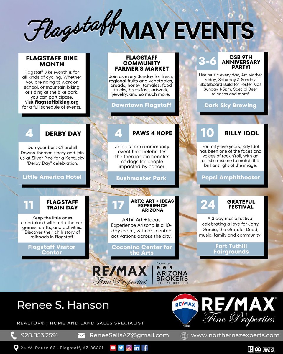 Spend your May @Flagstaff! Here's a list of events this month.

#realestate #RealEstateAdvise #flagstaffrealestate #RealEstateInvestor #RealEstateTrends #realestateteams #realestateagency #teamexceedflagstaff #reneehanson #azrealestate #flagstaffaz #flagstaff