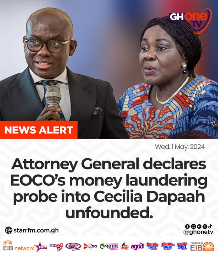 The Office of the Attorney General (AG)  says there is no basis for the Economic and Organized Crimes Office (EOCO) to conduct money laundering investigations into the affairs of Cecilia Dapaah...

#GHOneNews #GHOneTV