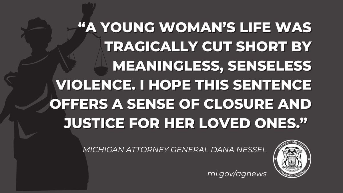 Yesterday, Riondre Griffin, 21, of Detroit, was sentenced to 25-50 years in prison for a 2021 murder, announced @MIAttyGen @dananessel. Read more at mi.gov/agnews
