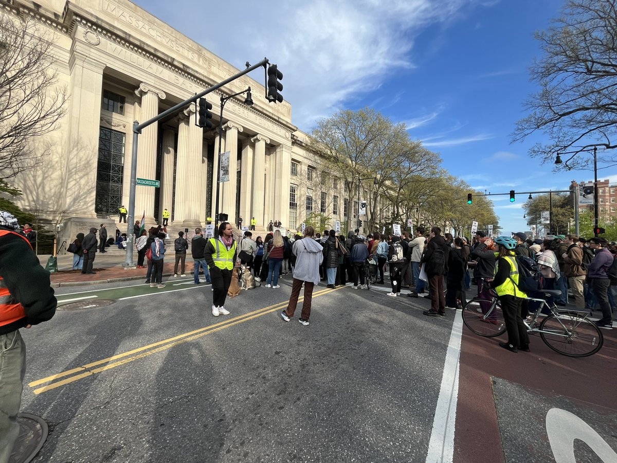 After complaining about the brutal operation oppression of police (who did not arrest anyone or approach anyone as far as I could see), a grad student union member told me “we keep us safe,” not the police. As the police blocked traffic on Mass Ave from hitting them
