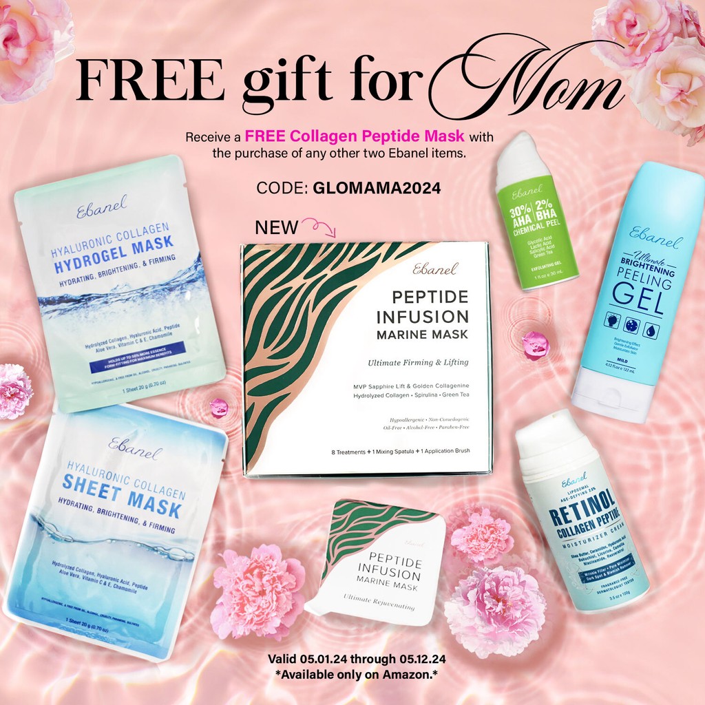 🌸Get a FREE Collagen Peptide Mask by purchasing any other two items. Promo ends May 12th, 2024. Exclusively on Amazon! #MothersDay #Skincare #GiftIdeas #Collagen #Peptide #Mask #FacialMask #GlowingComplexion #HealthySkin #EbanelSkincare