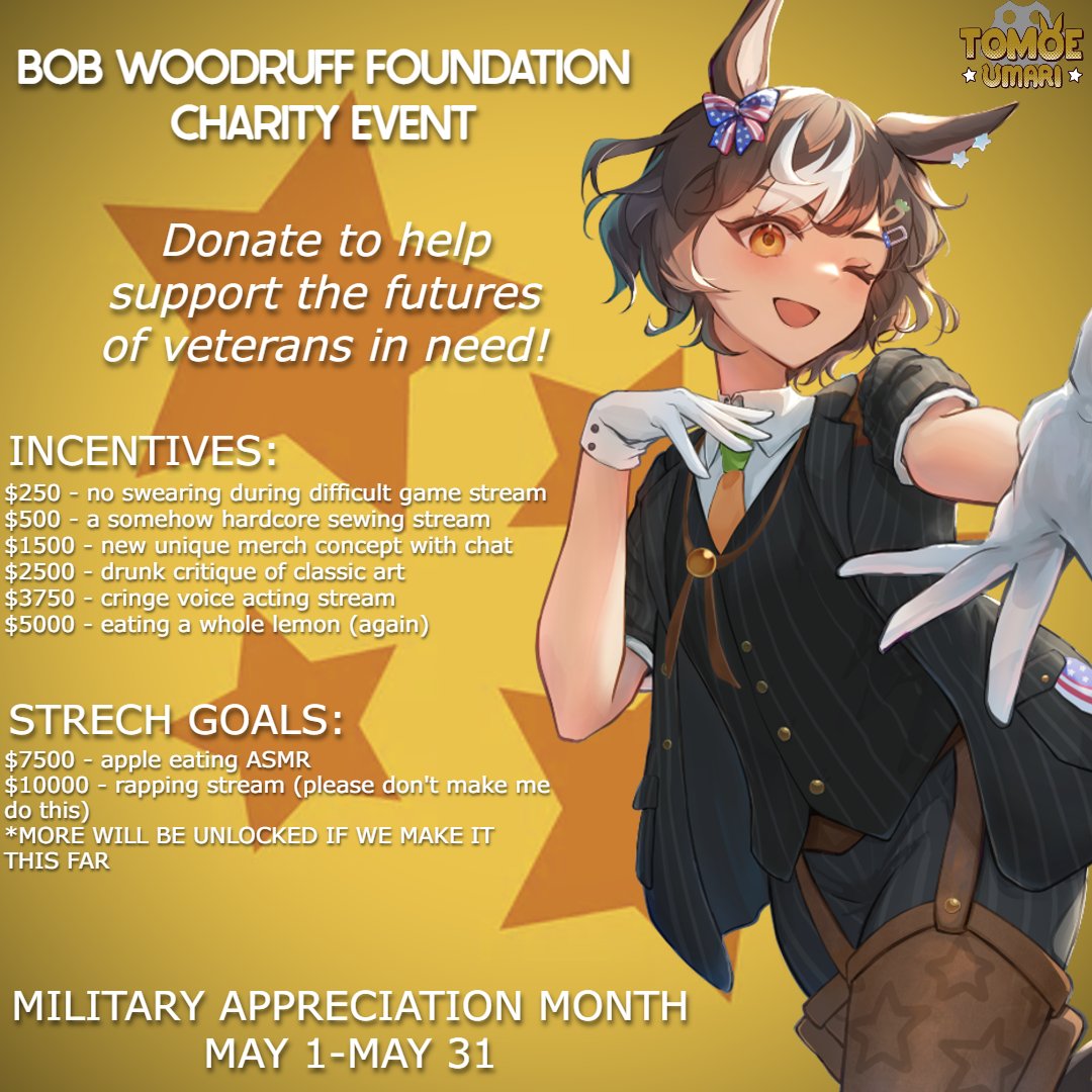 Hello, and happy Military Appreciation Month! This May I'm aiming to raise money for the Bob Woodruff Foundation, a charity aimed towards helping veterans and service members get back on their feet after hardship. As someone recently diagnosed with PTSD, this means a lot to me