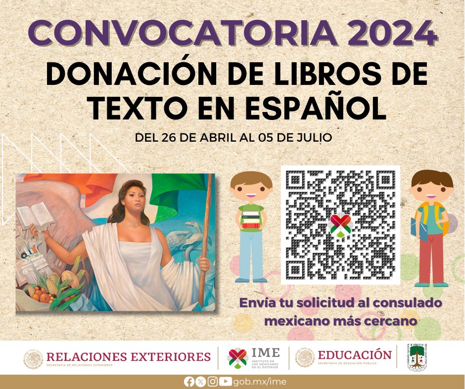 📢 Te invitamos a participar en la convocatoria 2024 del programa de donación de libros de texto en #español 📚📗📘

@IME_SRE @Conaliteg

➕ℹ️👉🏽 ime.gob.mx/educacion/arti…

#ConvocatoriaLibrosEnEspañol #LibrosCONALITEG2024 #EducaciónParaTodasYTodos #EducaciónIME.
