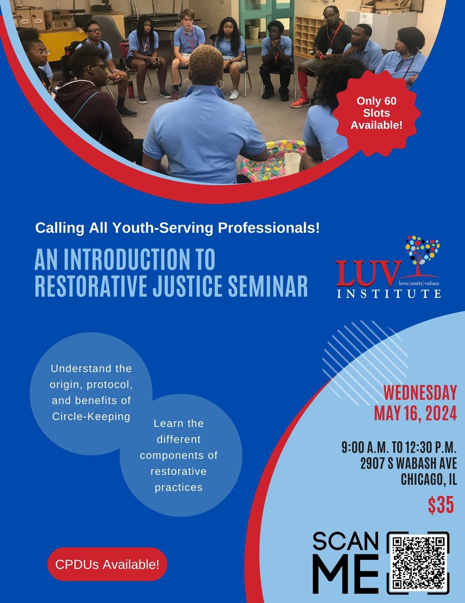 ❤️Come take advantage of our Introduction to Restorative Justice Seminar and learn how restorative practices can help you create safe spaces and connect deeply with young people!🩵 Click here to register: ow.ly/wYnn50RcJl7
