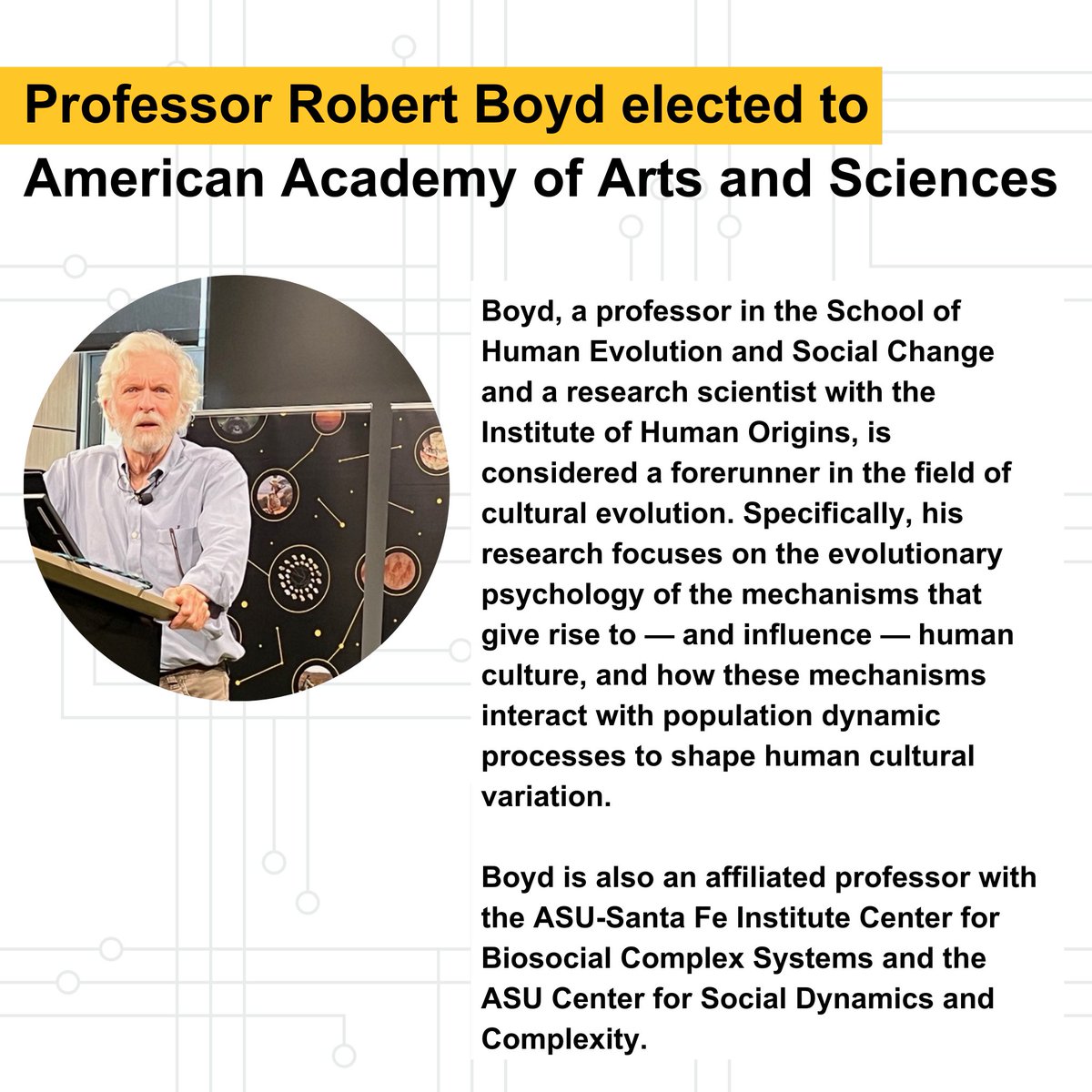 Arizona State University @ASU Professor Robert Boyd is among those newly elected to the American Academy of Arts and Sciences, one of the oldest learned societies in the United States. Congratulations! 👏 Read more: bit.ly/3wkVHIP