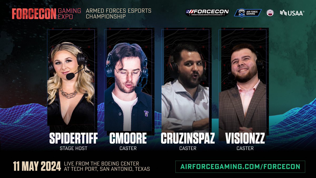 Introducing our #FORCECON talents! 💫 Host: @spidertiff 💥 Casters: @CMooreCasts, @Cruzinspaz, @VisionZz The Armed Forces Esports Championship will be FIRE 🔥 Don't miss out! Get your free tickets now: airforcegaming.com/forcecon