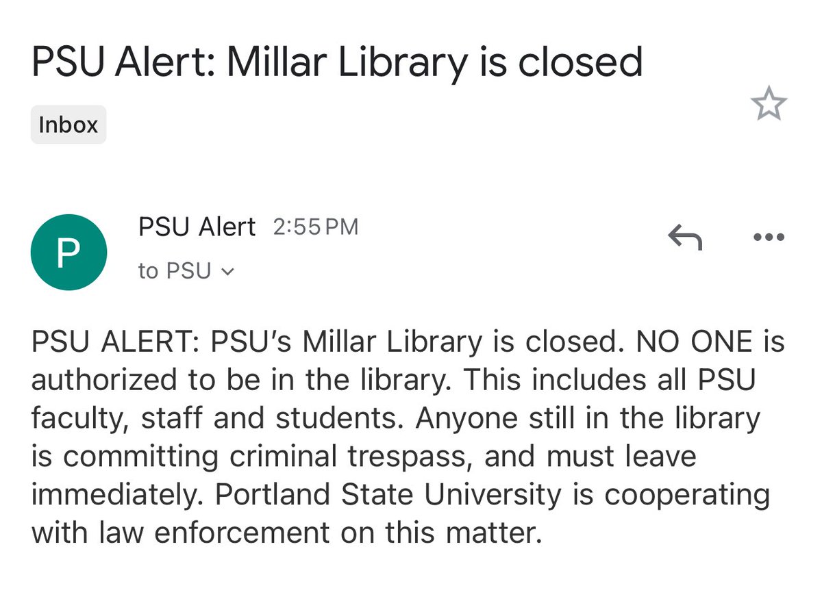 At this point we need to be sending emails to the PSU President Ann Cudd demanding better treatment + protection for our protestors, DEMANDING law enforcement not be invited + dismissed. president@pdx.edu — EMAIL ! Protestors in the library have been allowing business as usual.