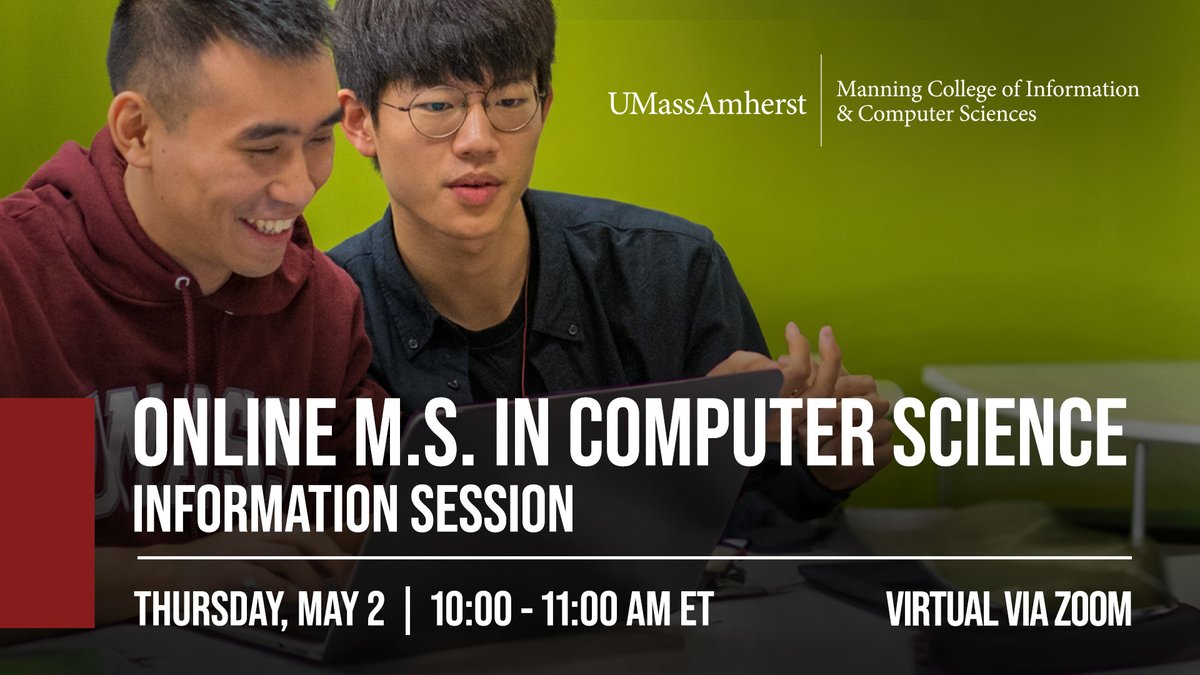 Join us for a virtual info session about our fully online or hybrid MS in CS program on Thursday, May 2 at 10:00 a.m. ET to learn about the program, including courses and degree requirements. Register and add to calendar: bit.ly/3y8rJrU