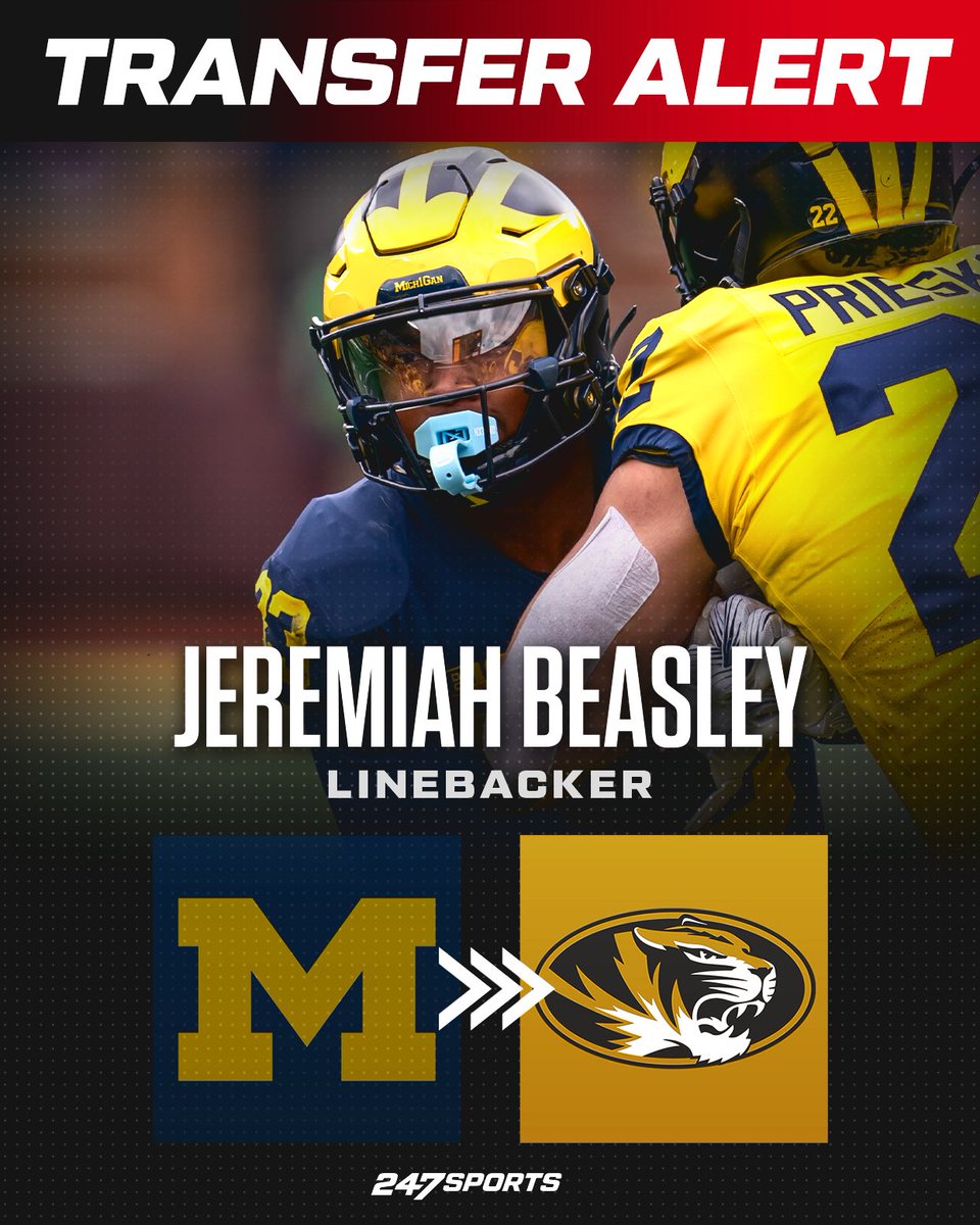 Michigan LB Jeremiah Beasley is transferring to Missouri. Tigers were a finalist in high school. 247sports.com/player/jeremia…