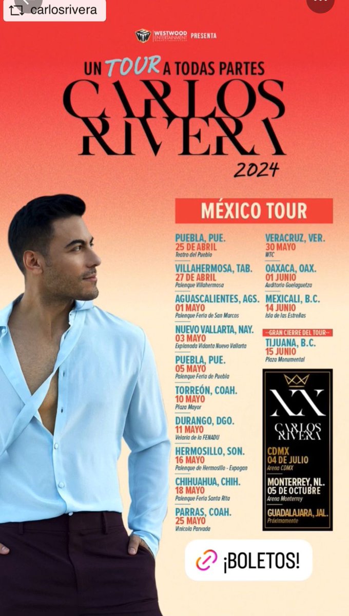 Riveristas aquí les dejo las últimas fechas de nuestro capitán @_CarlosRivera en su #UnTourATodasPartes @mikenoriega @jjuarezww @WestWoodEntt @westwoodfans @CR_ClubPorTi @sonymusic