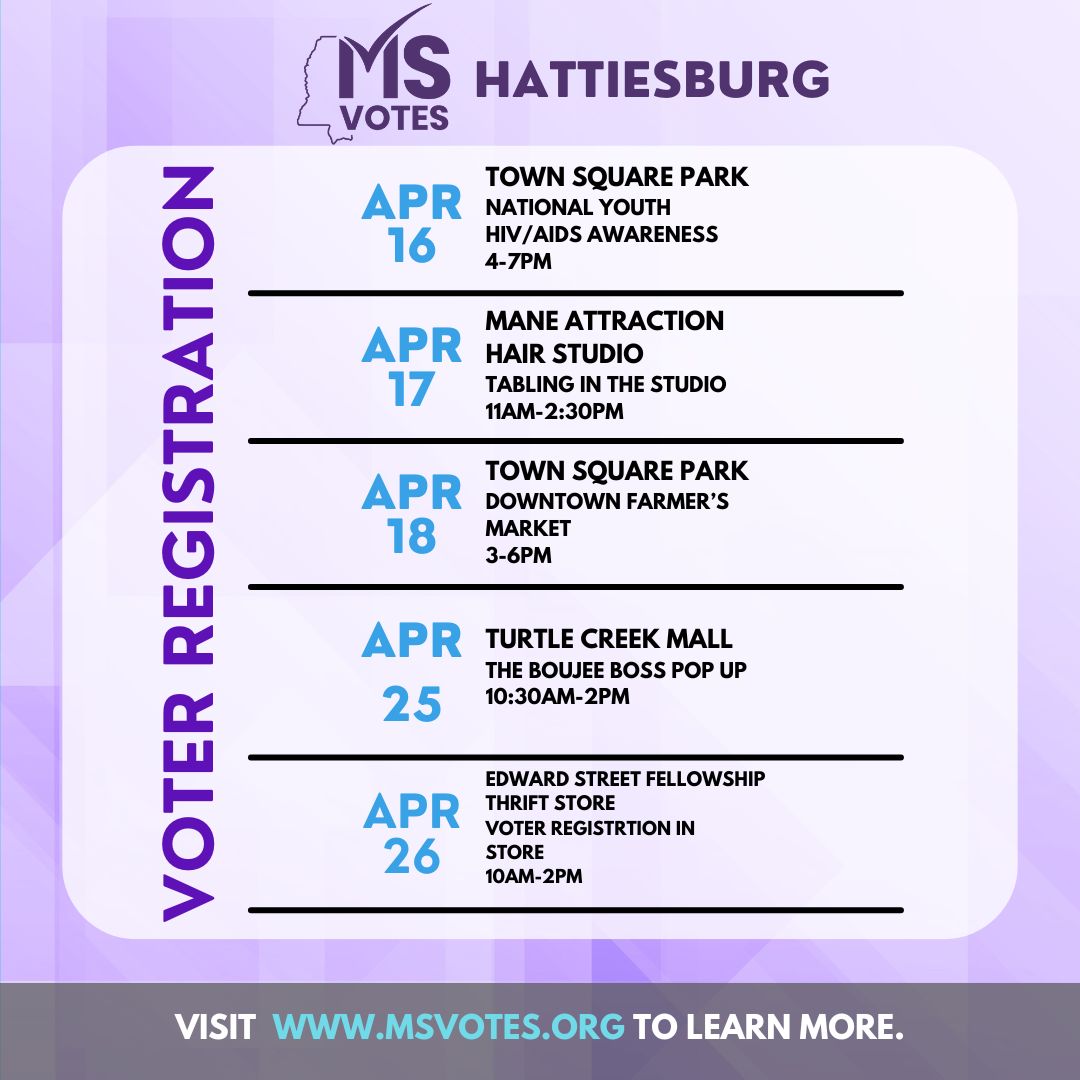 WE WANT YOU ! Are you ready for the Presidential Election in November? The earlier the better! Stop by for the next three weeks to see our Hattiesburg team! 

#MSVotes #MSV