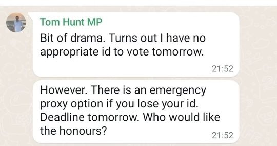 🚨 NEW: A Tory MP has no valid photo ID to vote tomorrow and is now pleading with local members for help [@harry_horton]