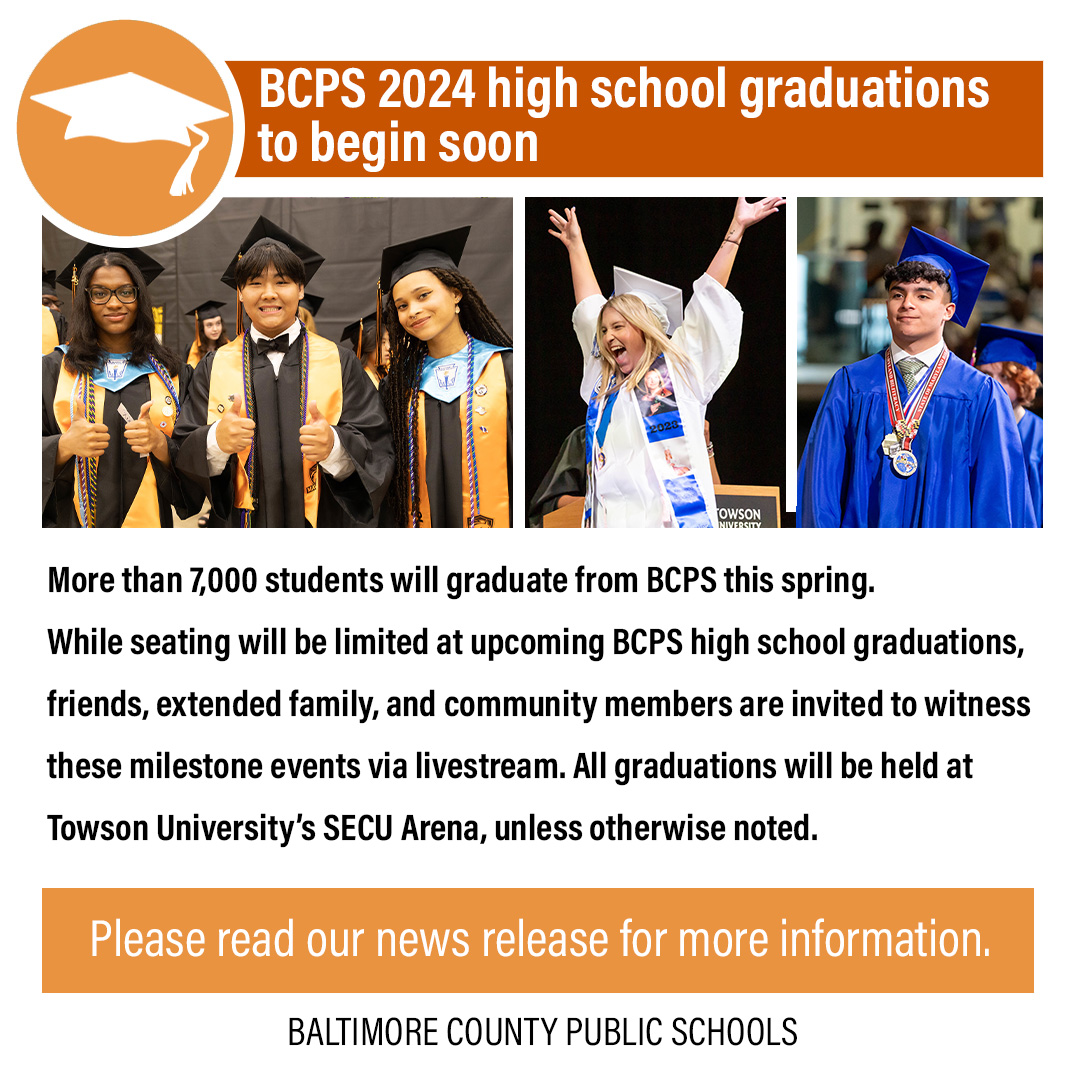 BaltCoPS's tweet photo. π It's almost time for #TeamBCPS 2024 high school graduations! News Release β‘οΈ https://t.co/9M1VV0IwM3
BCPS invites students, parents, and staff to submit their favorite 2024 commencement snapshots on social media using #bcpsgrad or via email. https://t.co/U7Zki0IknF