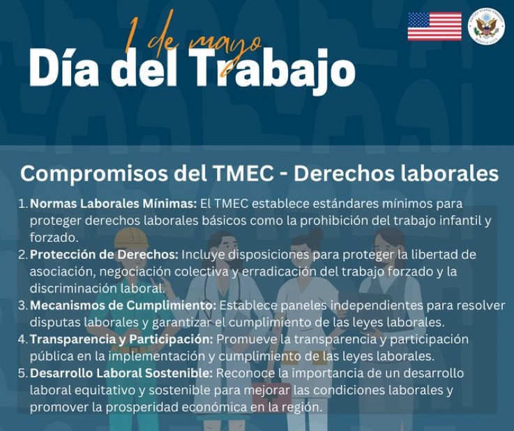 ¡Hoy celebramos el Día del Trabajo! Recordemos los compromisos del #TMEC en derechos laborales. Establece normas mínimas, protege la libertad de asociación y más. ¡Unamos esfuerzos para promover condiciones laborales justas! 🇺🇸🇲🇽🇨🇦#DíaDelTrabajo