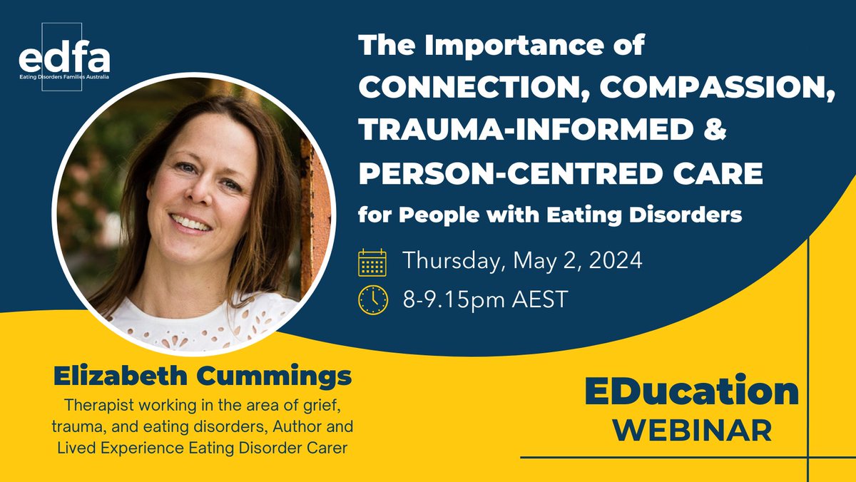 Elizabeth Cummings is a registered counsellor and psychotherapist specialising in working with young people and their families. 

Open only to EDFA members. Register here: bit.ly/447dTlE 

#EDFA #eatingdisorders #eatingdisorderawareness #eatingdisordereducation