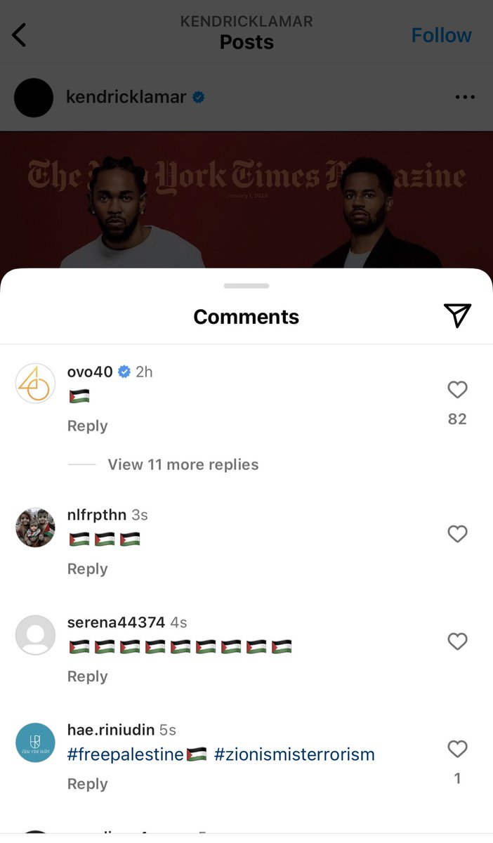 OVO40 under Kendrick Lamar instagram post apparently Kendrick deleting the Palestine comments…