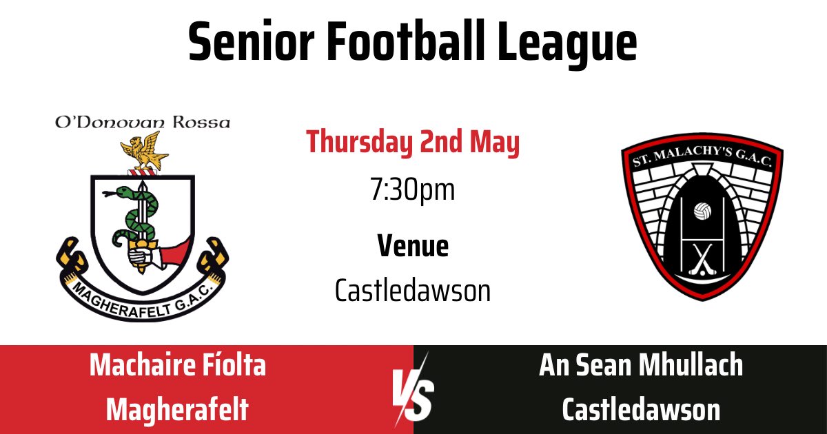 🇦🇹| Senior Football League Our Senior Men’s footballers are away to Castledawson tomorrow. There is no reserve game. 🆚 @castledawsongac 🗓️ Thursday 2nd May ⏰ 7:30pm 🏟️ Castledawson 🏆 Senior Football League Come and support the lads. 🇦🇹
