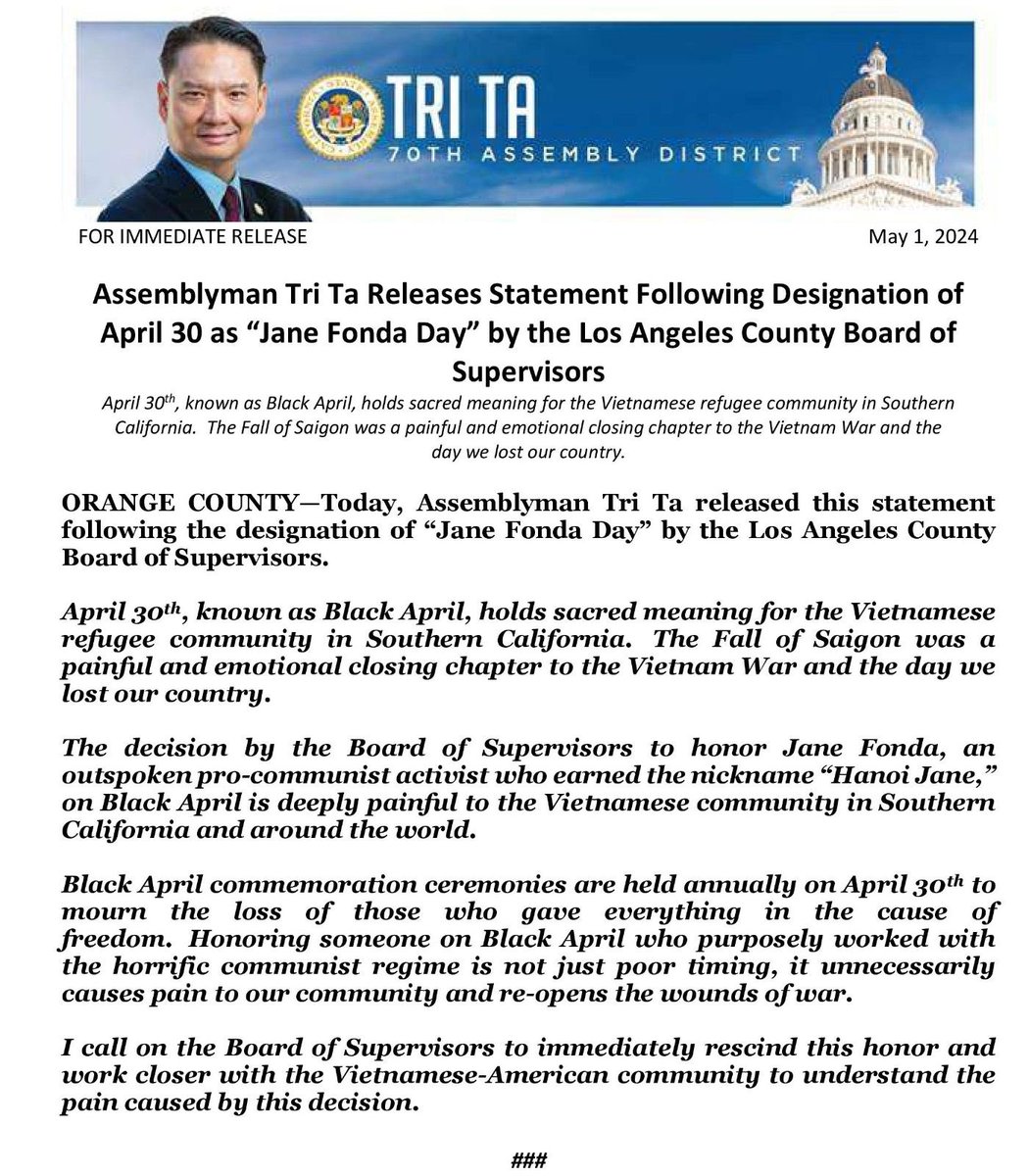 I call on the Los Angeles Board of Supervisors to immediately rescind this decision to honor Jane Fonda (Hanoi Jane) on Black April and work closer with the Vietnamese-American community to understand the pain it caused. @LACountyBOS