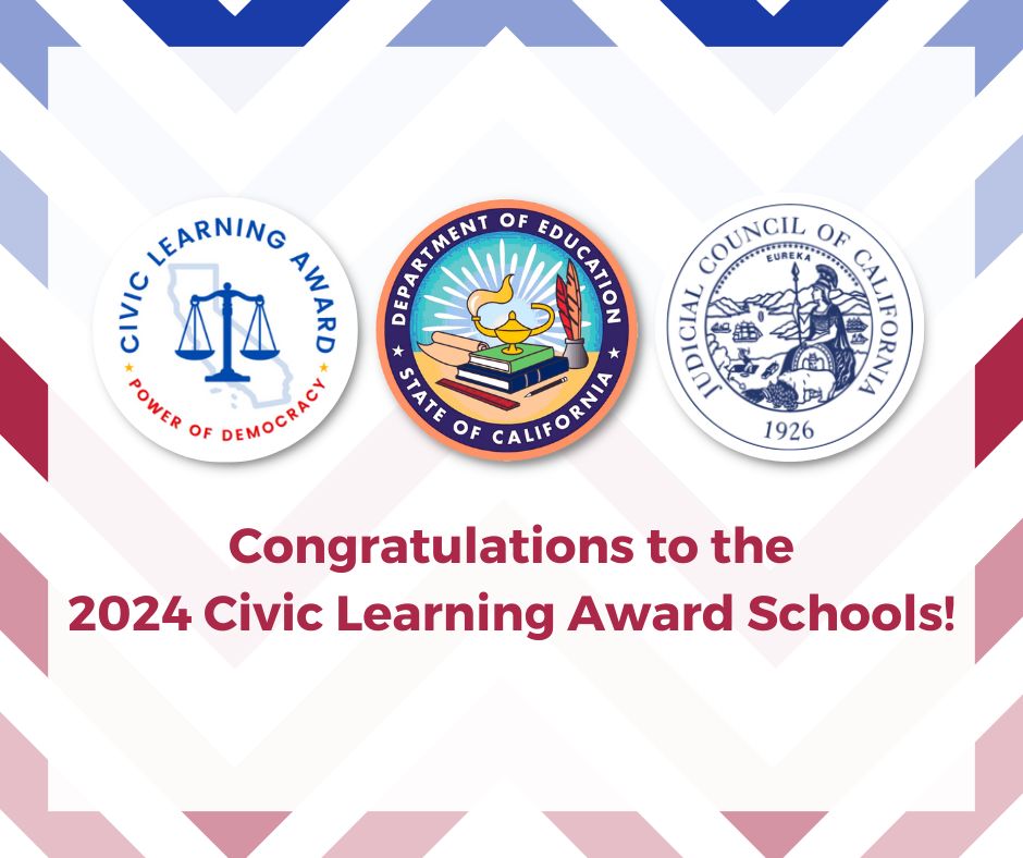 Congratulations to the 21 CA schools that earned 2024 #CivicLearningAwards! The award is co-sponsored by State Supt. @TonyThurmond and @CalCourts Chief Justice Patricia Guerrero ⚖️ 🏛️ Read more: cde.ca.gov/nr/ne/yr24/yr2…