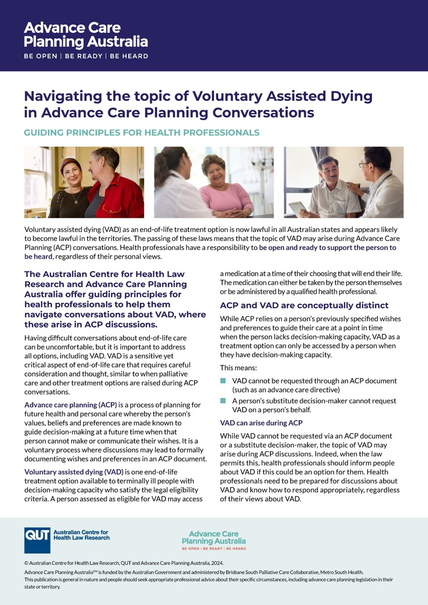 People may wish to talk about #assisteddying during #ACP conversations. We collaborated with #AdvanceCarePlanning Australia on guiding principles for health profs & orgs plus a consumer fact sheet bit.ly/3xSaZFy #VAD @WillmottLindy @CaseyHaining @MadsArcher @HealthLawQUT