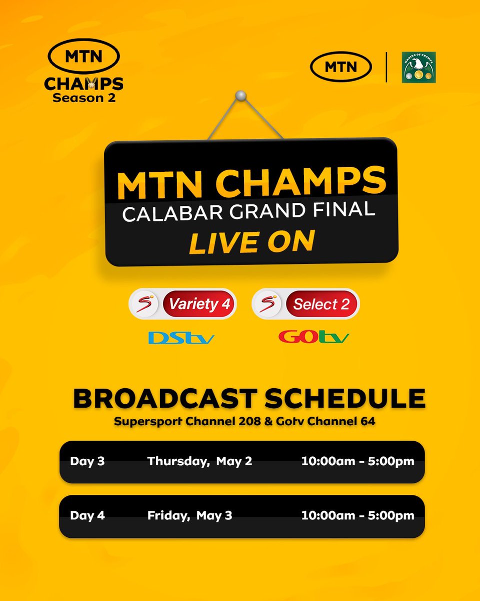 WATCH MTN CHAMPS SEASON 2 GRAND FINAL LIVE ON SUPERSPORT! We are happy to announce that the #MTNChamps Grand Final will be broadcasted live on SuperSport from Thursday, 2nd May to Friday, 3rd May 2024.