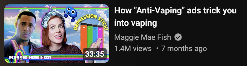 Ehem... I TOLD YOU SO @truthorange ! Lots of 'those depression stick ads got me vaping' comments on this video You mean to tell me your drug war style, D.A.R.E., fear mongering backfired? It caused kids to start vaping? oh the shock, oh the horror. youtu.be/bbV6I8VRMG8?si…