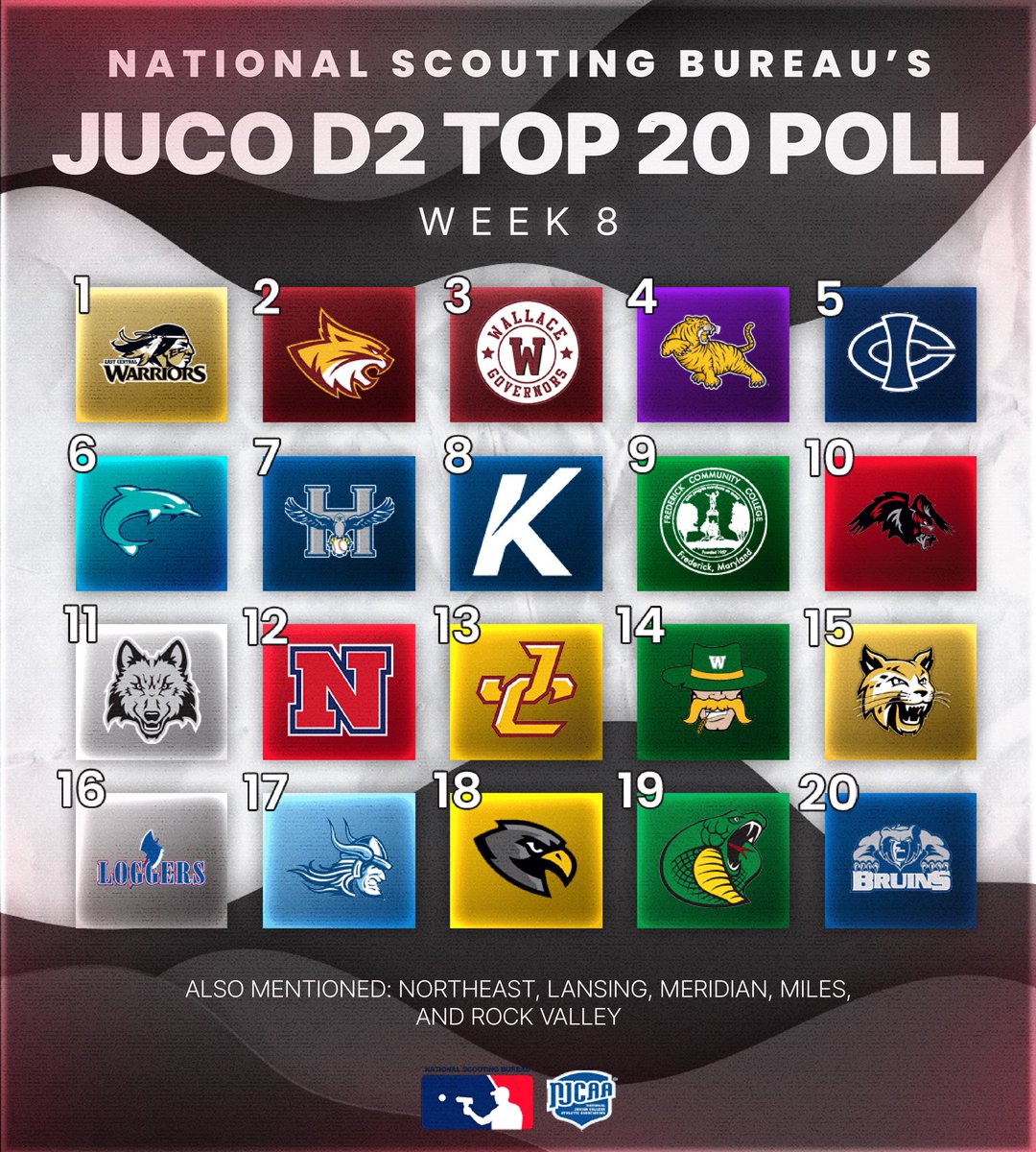 NSBScouting's tweet photo. The National Scouting Bureau presents the JUCO D1, D2, and D3 Weekly rankings‼️

In JUCO D1, we see Harford CC jump to #12 following one of the best regular seasons in program history🦉 Gaston and Johnson County continue to impress, as Navarro, Mclennan, and Blinn all enter the rankings🔥

In JUCO D2, we see a mix up for the first time in quite some time. Dothan takes a hit, resulting in East Central, Pearl River, and Iowa Central all jumping a spot👀 Parkland jumps back into our rankings at #19, pushing Kellogg to #20🚨

In JUCO D3, Rowan (Gloucester) takes back their #1 spot as Northern Essex and Erie finally crack the Top 15‼️ Keep an eye on those two teams come tournament time🥽

#NSBPipeline