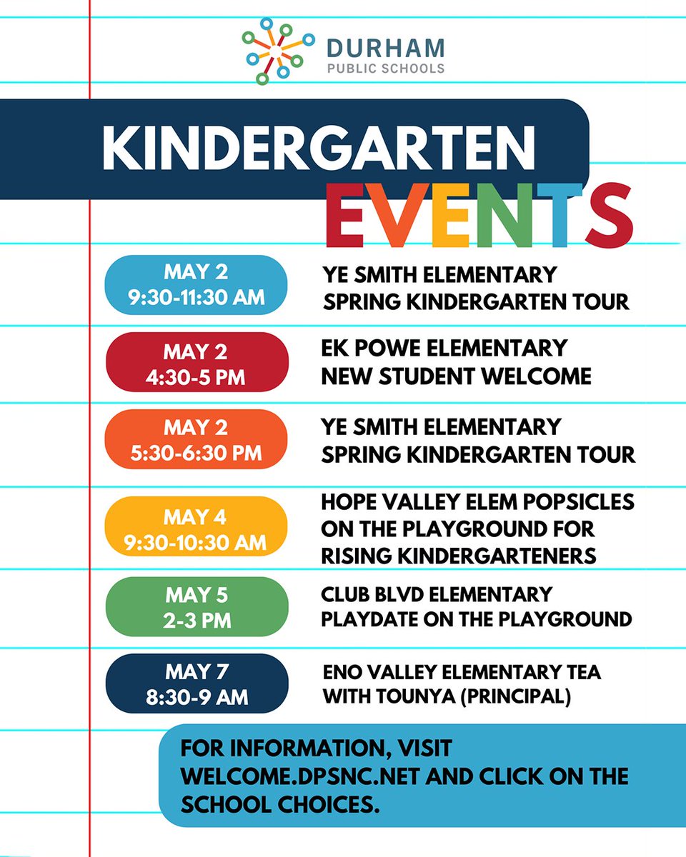 Is your family ready for kindergarten? Meet your new school community and get ready with us by attending one of your school's kindergarten events. Find more information at welcome.dpsnc.net.