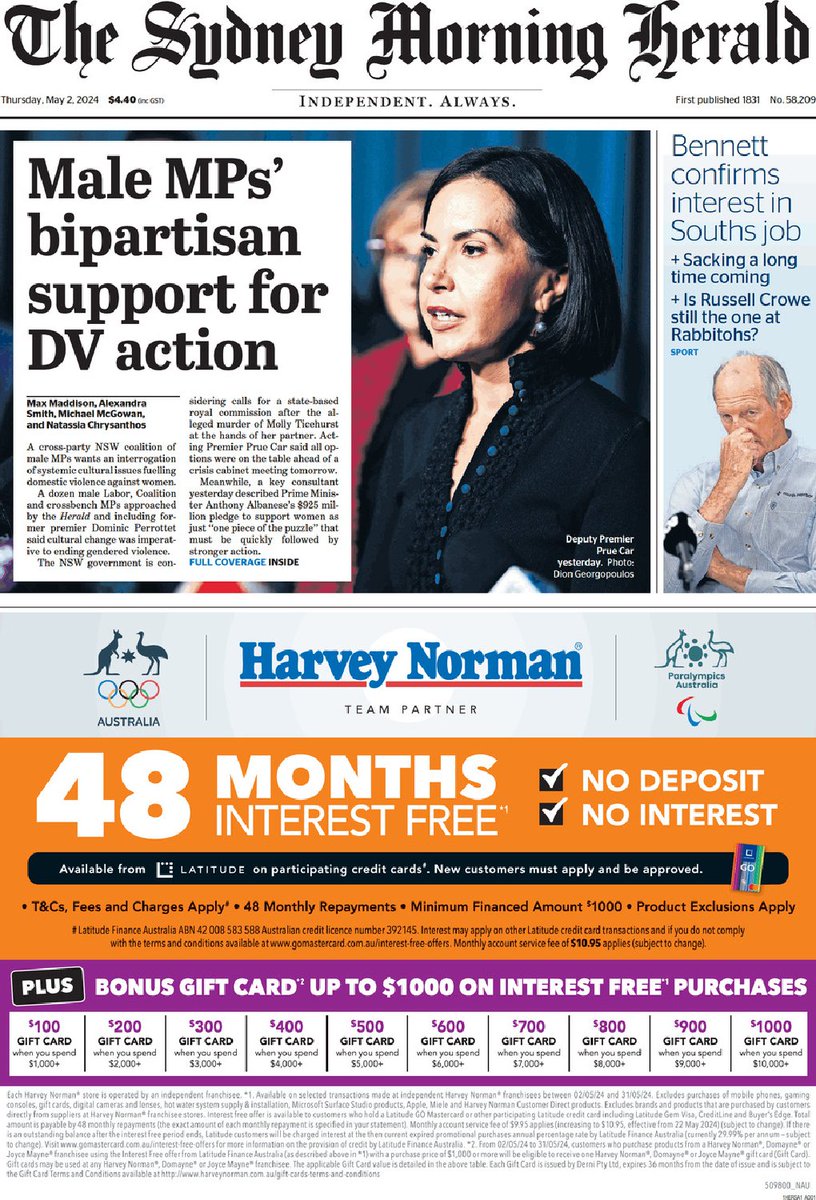 🇦🇺 Male MPs' Bipartisan Support For DV Action ▫Perrottet joins cross-party call for royal commission into violence against women ▫@maxmaddison @AlexSmithSMH @mmcgowan @natassiazc #frontpagestoday #Australia @smh 🇦🇺