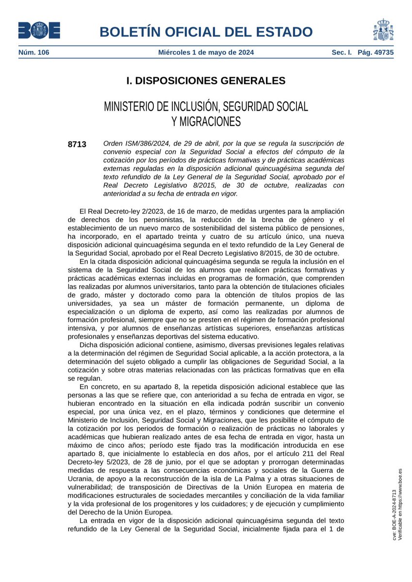 🔵 #BOE 1.5.2024 Procedimiento para pedir el reconocimiento de cotización de las #prácticas. 🔹Prácticas no remuneradas (realizadas antes de 1/01/2024 🔹Prácticas remuneradas: Realizadas antes del 1 de noviembre de 2011 ⬇️ boe.es/boe/dias/2024/…