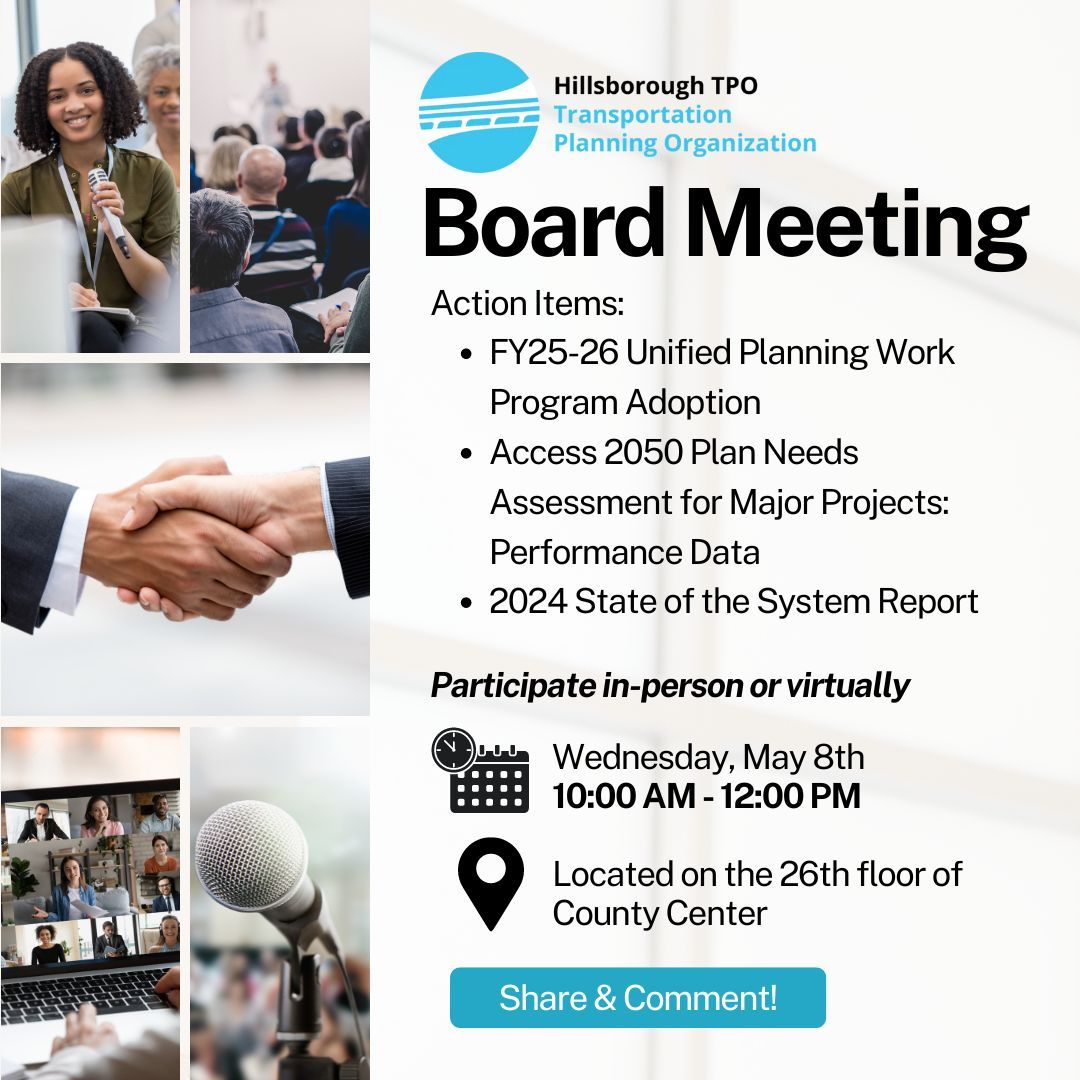 The next TPO Board Meeting will be held on May 8th at 10 AM. To view the agenda and 
learn how to access the meeting virtually visit buff.ly/44re1Ne 
We hope to see you there!
#HillsboroughTPO #TransportationPlanning #HillsboroughCounty