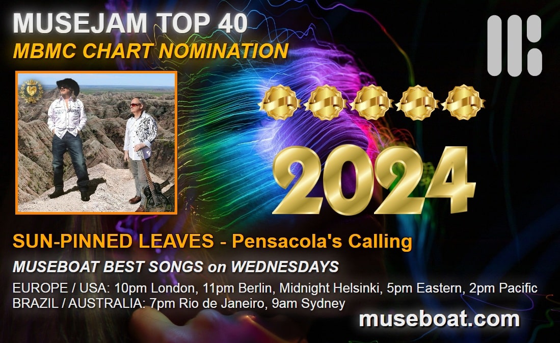 #RT Museboat Live MBMC Top 25 Chart at museboat.com : # 12 SUN-PINNED LEAVES - Pensacola's Calling @SunPinnedLeaves  VOTE for this song again at museboat.com/top-25-nominat… 😉 @ArtistRTweeters