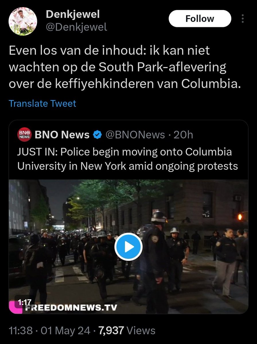 @DanielLohues Mwoah, je had het over een South Park-aflevering m.b.t. “keffiyehkinderen” (lees: anti-genocide demonstranten) die middels fascistisch politiegeweld de mond worden gesnoerd.