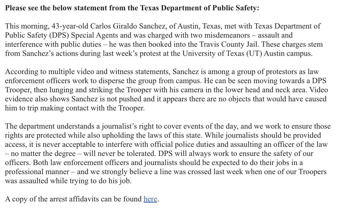 NEW: A cameraman for @fox7austin is being charged with two misdemeanors — assault and interference with public duties — for allegedly lunging into a @TxDPS trooper at the @UTAustin protest last week.