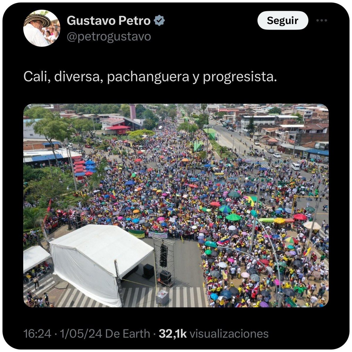 Petro publicó una fotografía aérea del sector de Puerto Rellena donde culminaron las marchas del primero de mayo, junto con el mensaje 'Cali, diversa, pachanguera y progresista'. Y las comentario se desataron pues hay quienes dicen que evidenció la poca gente que asistió. ¿Y