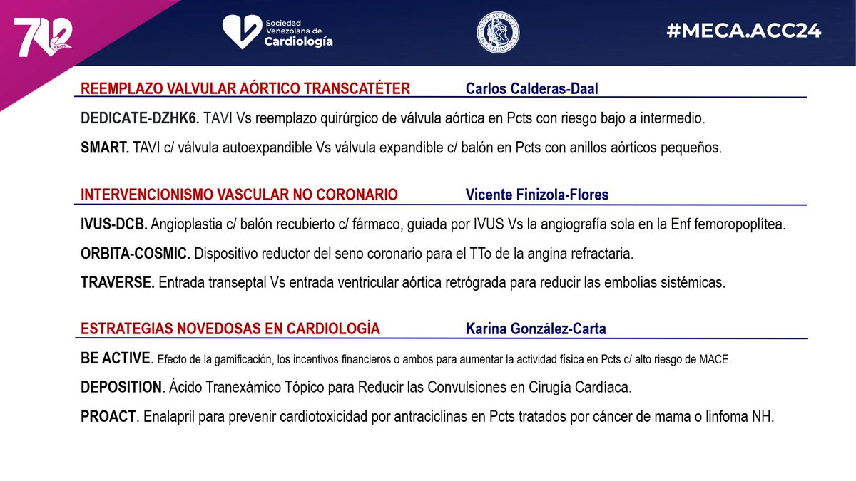 Congreso Virtual MECA-ACC24 de la SVC @CardiologiaSVC
Presentación-Discusión de Estudios + Importantes de #ACC24
30 Estudios en 10 Bloques Temáticos
3 minutos/estudio

Sábado 4-mayo-24 /9 am

Regístrese aquí us02web.zoom.us/webinar/regist…
@torresviera 
@kargoncar13 
@HeliodoroRodri5