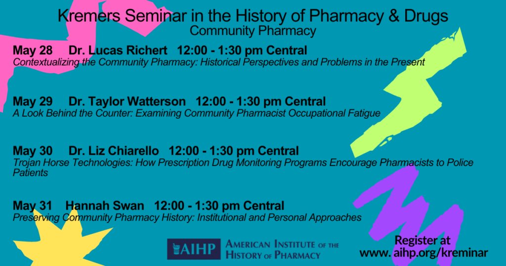 The AIHP, where I serve as Executive Director, is hosting its annual seminar series in May. The theme this year is 'Community Pharmacy.' You can learn more and register aihp.org/kreminar/ #pharmacy #pharmaceuticals Please feel free to share @UWMadPharmacy @HistPharm