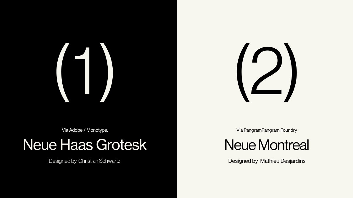 Designers, 
Replace your Helvetica with these two Typefaces :  

Neue Haas Grotesk by @Monotype  
Neue Montreal by @PangramPangram_ 

These are my top go to Sans Serif (Including Helvetica) as of now. What's yours?

#typeface #DesignInspiration